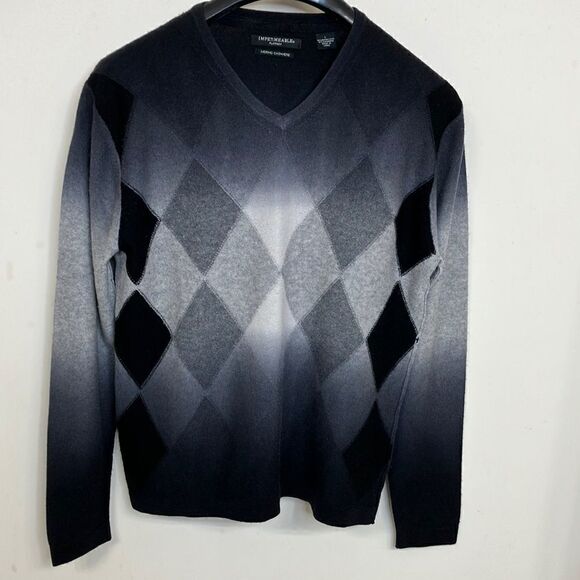 IMPERMEABLE Platinum Merino Wool/Cashmere Argyle Unisex Sweater Sz L - Picture 1 of 4